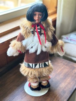 Collectible Winter Doll Faux Fur Hooded Coat Black Hair 16” with Stand