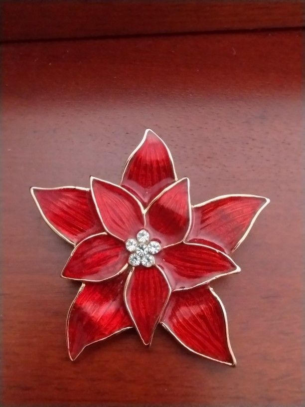 Vintage PREMIER DESIGNS Poinsettia W/Rhinestones Brooch Pin