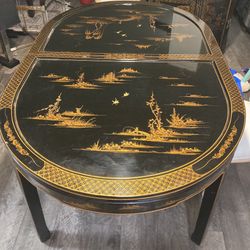 Vintage Asian Black Lacquer Hand-Painted Folding Game / Card Table