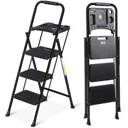 Black Folding 3-Step Ladder with Tool Tray