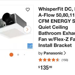 Panasonic WhisperFit DC, Pick-A-Flow 50,80,110 CFM ENERGY STAR Quiet Ceiling Bathroom Exhaust Fan w/Flex-Z Fast Install Bracket