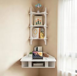 Floating Corner Desk + Shelf (Light Grey)