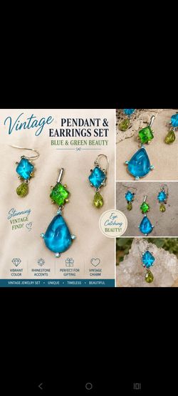 Vintage Blue & Green Pendant and Earrings Set