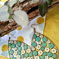 Large Aqua And White Faux Enamel Bronze Tone Teardrop Dangle Earrings, Boho, Hippy, Hippie Chick