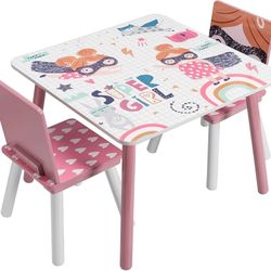 Children Table & Chair Sets Pink Desk Table with 2 Chairs Stools Set for Preschoolers Kids Study Activity Wooden