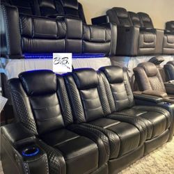 Brand New Theater Couch 💥 Leather Black Power Recliner Sofa Couch And Loveseat With Cup Holders, Adjustable Headrest, USB Port| White, Gray, Brown