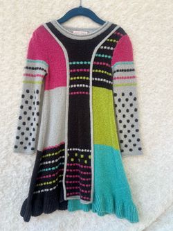 Deux Par Deux Girls Colorblock Sweater Dress Size 4 Boho Polka Dot Knit