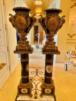 Gorgeous Pair of Cobalt & Gilt Pedestal Urns - 14” x 14” x 75”