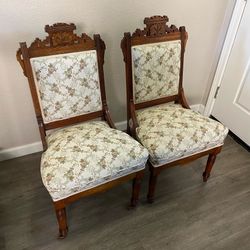 Pair of Antique Victorian Eastlake carved Parlor Chairs 37” H x 20 W x 20 D 18” seat height  Price is firm