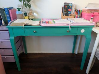 Teal desk has some discoloring on top $40