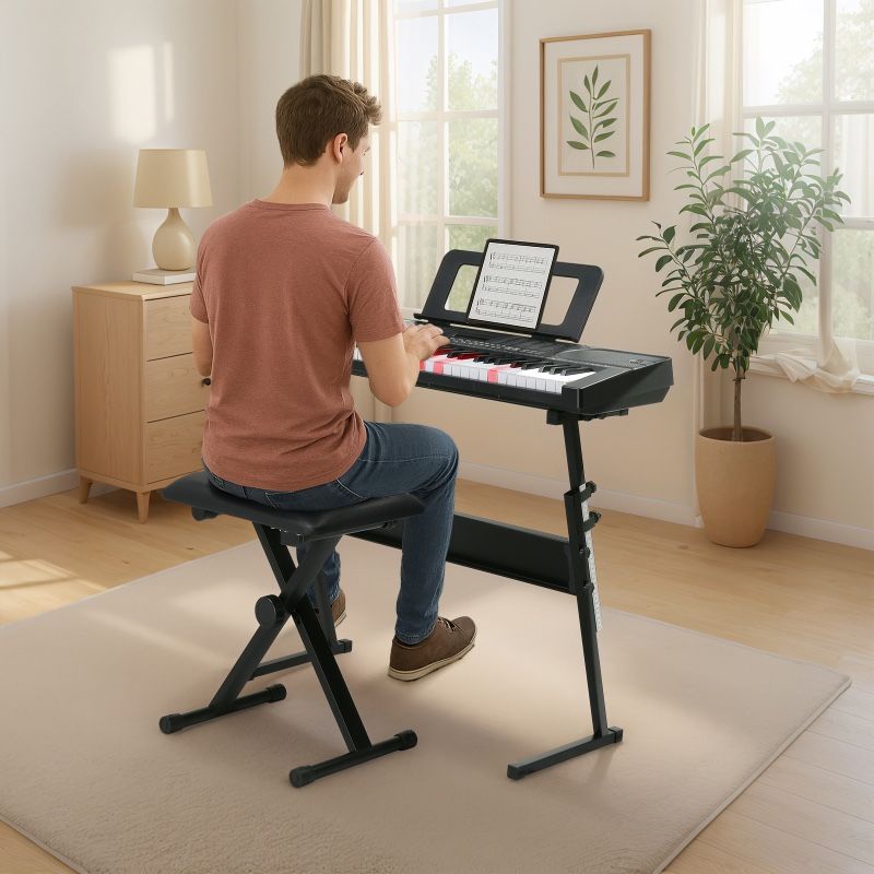 61 Keys Keyboard Piano with Lighted Keys, Z-Stand, Piano Bench, Black