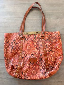 Patricia Nash Orange Rust Floral Studded Leather Strap Tote Bag