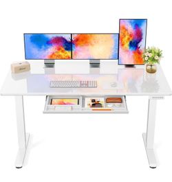 Marsail Glass Standing Desk with Drawer, 55 x 28 Inches Adjustable Desk, Home Office Desks with One-Piece Tempered Glass Top, Ergonomic Home Office Si