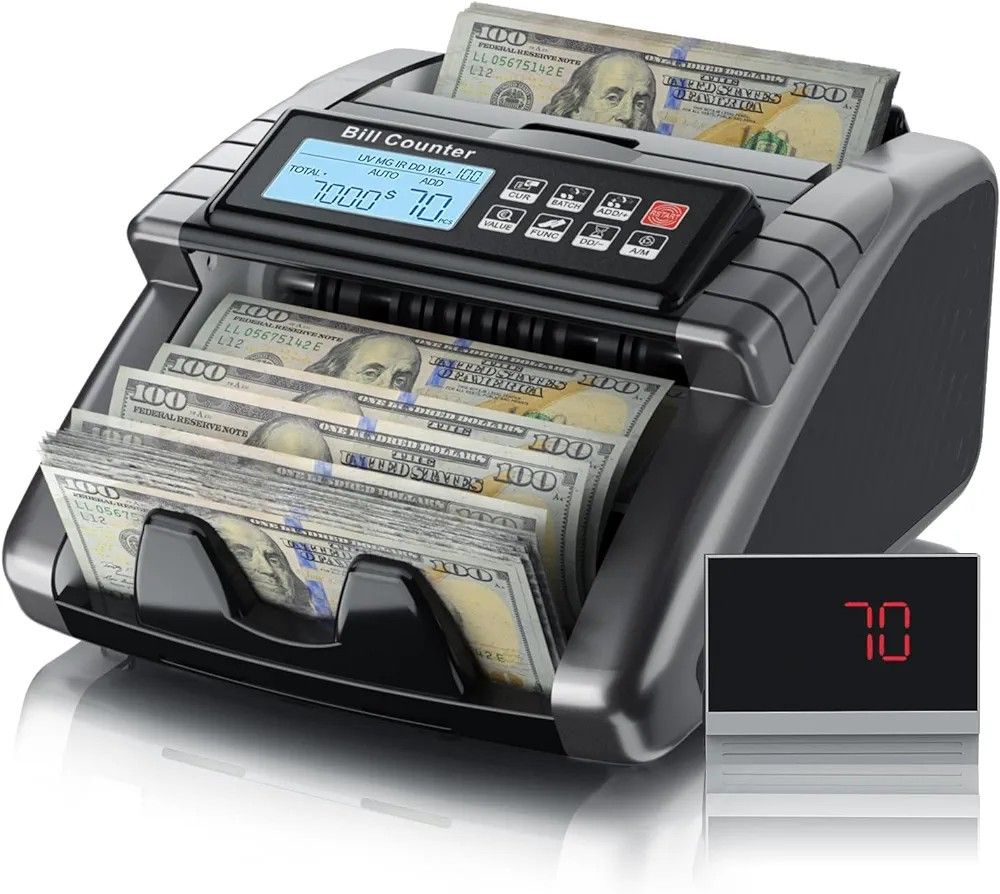 AL1000 Money Counter Machine with Value Counting, Support Dollar and Euro, UV, MG, MT, IR, DD Counterfeit Detection, Cash Counter with LCD Display, Ba