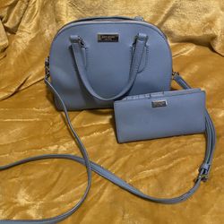 KATE SPADE 2 Piece Leather Crossbody Handbag  Light Blue w/Matching Wallet EUC