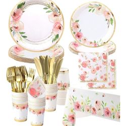
Floral Paper Plates and Napkins Party Supplies - Serves 16 - Flower Plates Floral Party Cups Knifes Forks Floral Baby Shower Decorations for Girl Pin