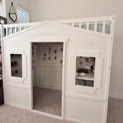 White Twin Size Wood House Loft Bed with Ladder