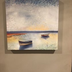Large Canvas Artwork Rowboats With Sunset Or Dawn