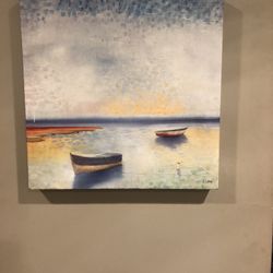 Large Canvas Artwork Rowboats With Sunset Or Dawni