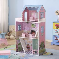 Wooden Dollhouse for Kids Girls, Dream House with Stairs and Accessories, Gift for Ages 3+, Large Doll House in 24" x 12.6" x 42"