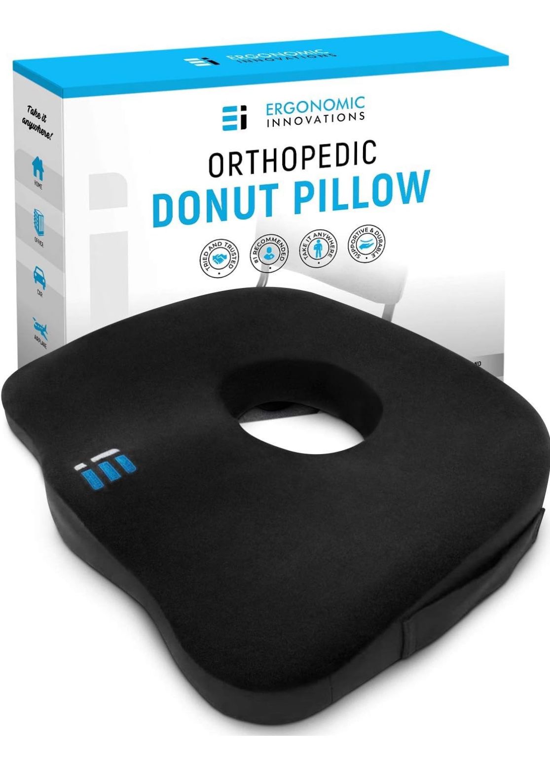 Ergonomic Innovations Orthopedic Donut Pillow: Memory Foam Chair Seat Cushion for Tailbone and Coccyx Pain, Sciatica, and Pressure Relief - Car, Desk,