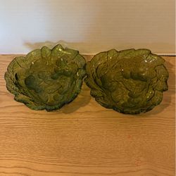 Two Vintage Green Indiana Glass Loganberry Pattern Berry or Candy Bowl Dishes