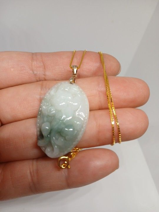 Big Sale!Certified Green Jade Icy Flower Pdnt S925 Gold Color Chain 18"