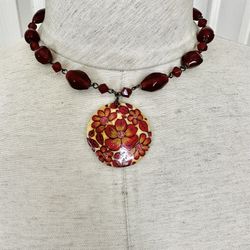 Vintage Red Beaded Floral Pendant Necklace 
