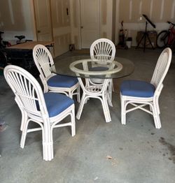 5-Piece White and Blue Rattan Dining Set with Glass Top Table and 4 Chairs