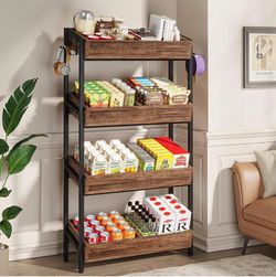 4-Tier Retail Display Rack, Wooden Snack Candy Stand, Concession Potato Chip Display Rack, Storage Shelf Organizer with Heavy-Duty Metal Frame