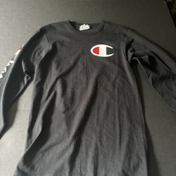 Champion Heritage T-Shirt Men's S Black Spellout Logo Long Sleeve Crew Pullover