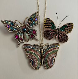 Rhinestone BUTTERFLY Jewelry Bundle - Necklace + 2 x Pin Brooch Lot