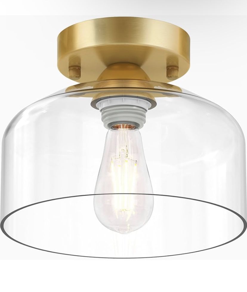 Semi Flush Mount Ceiling Light Brushed Gold - Clear Glass Pendant Lamp Shade, Modern Farmhouse Light Fixture