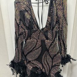 Multicolored Sequin Feather Trim Dress