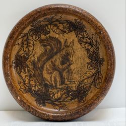 Antique Wooden Nut Bowl Squirrel, Acorn & Oak Leaves Wooden Pyrography c1906