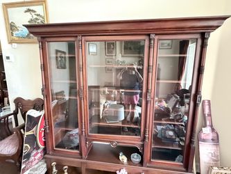 Vintage Mahogany Curio Display Cabinet with triple glass doors