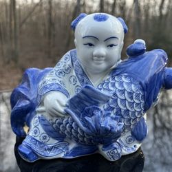 Vintage Ceramic Porcelain Asian Man & Koi Fish Statue Figurine