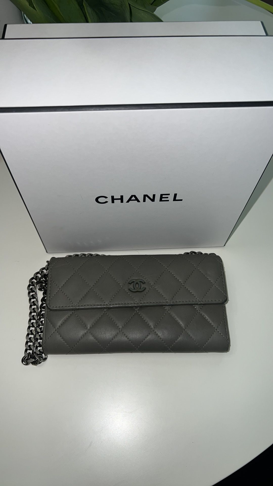 Authentic Chanel Quilted Wallet Gray Matte CoCo with Added chain