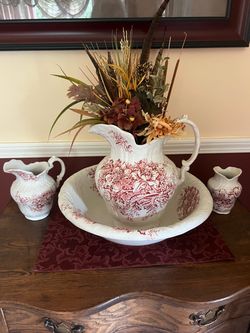 Red Transferware Pitcher and Basin Set