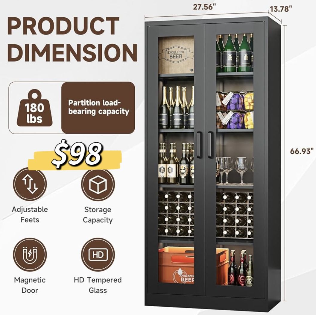 😀 67” Height Display Cabinet with Glass Doors for Home, Office, Clinic, Pantry, Curio Cabinet with 4 Adjustable Shelves, HD & Tempered Glass Display
