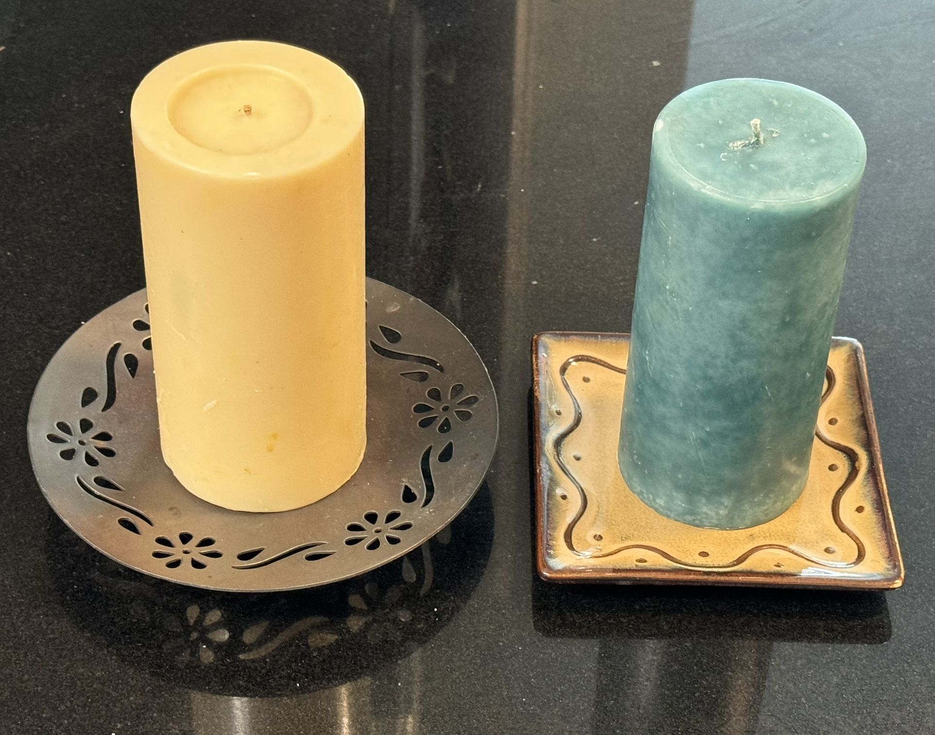 🕯️✨ 2 Vintage Candle Dishes/Plates, 5” Round Copper, 4” Square Ceramic (new)