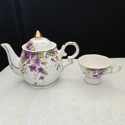 Vintage Lefton China Purple Violet Design Musical Teapot & Cup