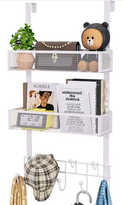 HapiRm Over The Door Organizer with Coat Hooks and 2 Baskets, Stainless Steel Rustproof Over The Door Hanger Hooks for Bathroom, Kitchen, Bedroom-Whit