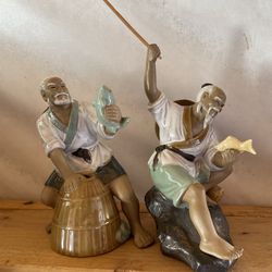 Set of 2 Chinese Mud Men Fishermen Vintage Hand Made