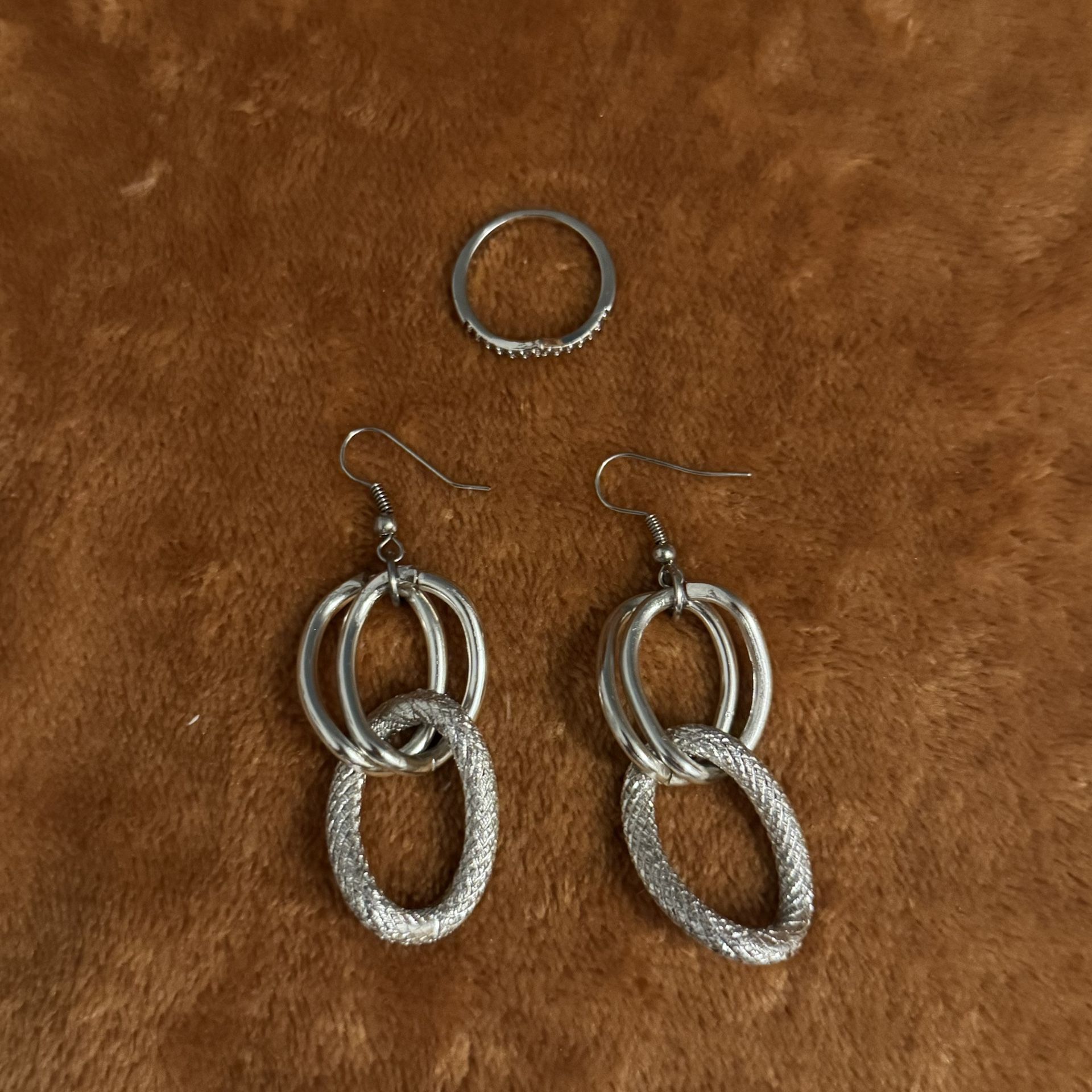 Silver Colored Earrings And Ring Set