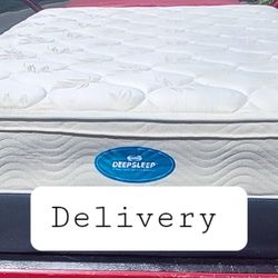 Queen Pillow Top Memory Foam Hybrid Mattress And Box Springs With Metal Frame  Headboard 