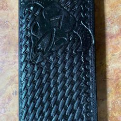 Long Tooled Leather Bifold Wallet Basket Weave Longhorn Steer Skull BLACK