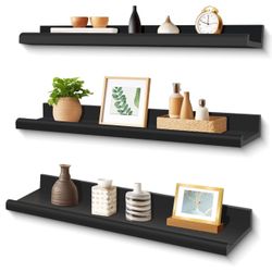 Annecy Floating Shelves Wall Mounted Set of 3, 23.6 Inch Black Rustic Wood Shelves for Wall, Wall Storage Shelves with Guardrail Design for Bedroom, B