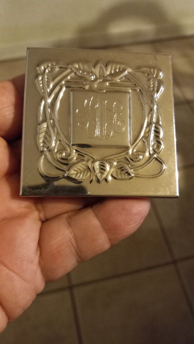 Vtg 90s Monogrammed Silver Plate 2.5" Sq Compact 2 Mirrors