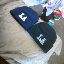 Los Angeles Beanies Navy Blue & Black and Navy Blue Beanie all white LA logo, Black LA beanie Grey & White Logo
